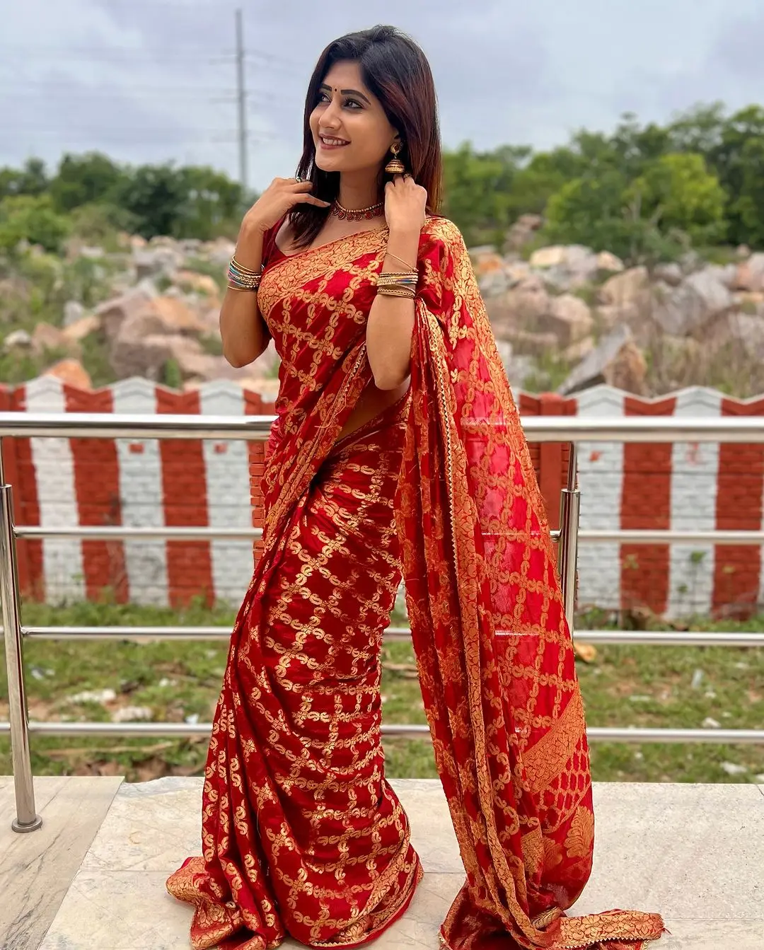 Vasanthi Krishnan Wearing Traditional Red Saree Blouse